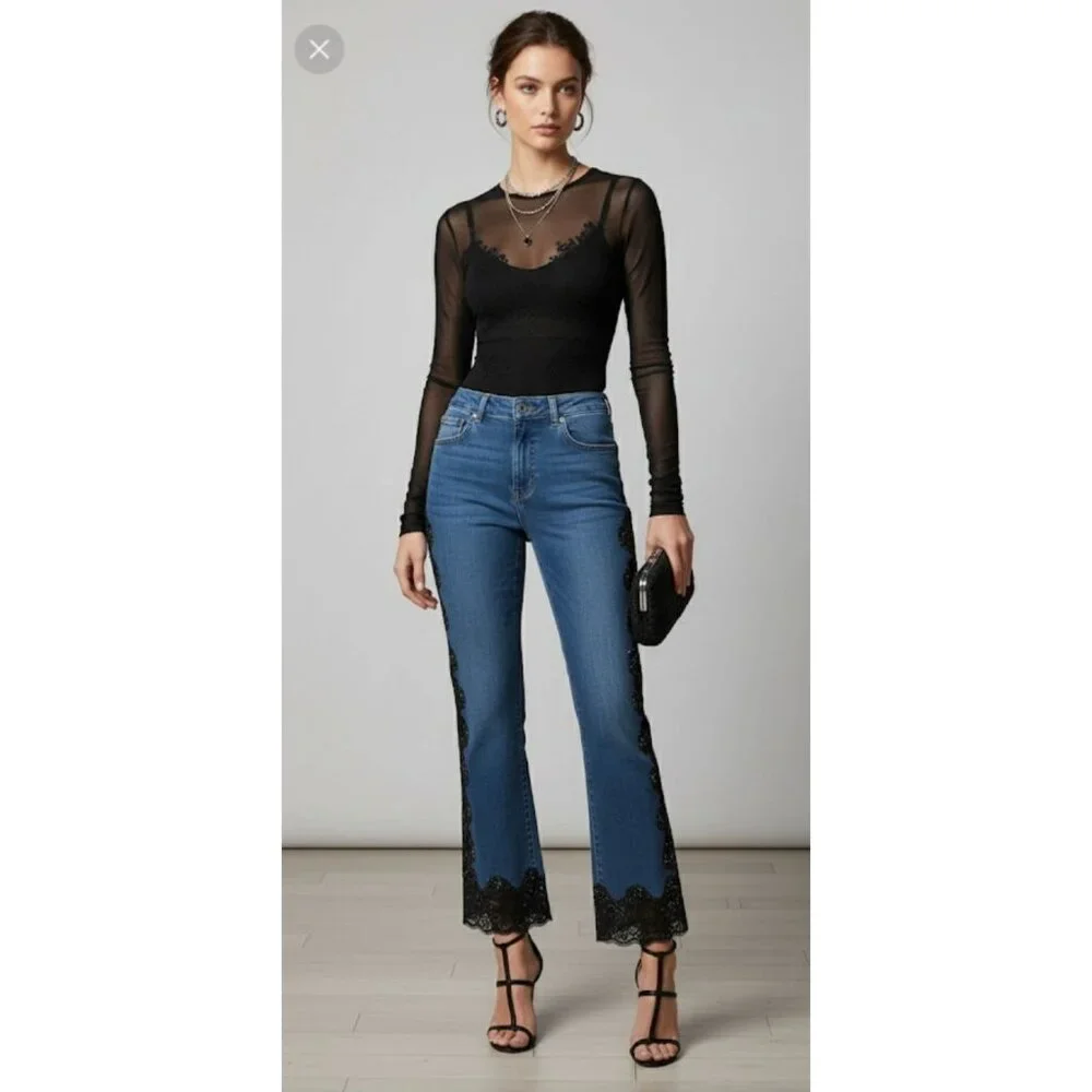 NWT Basix II Embroidered Sheer Side Mid Rise Denim Straight Jeans Blue Womens 4 - Picture 4 of 16